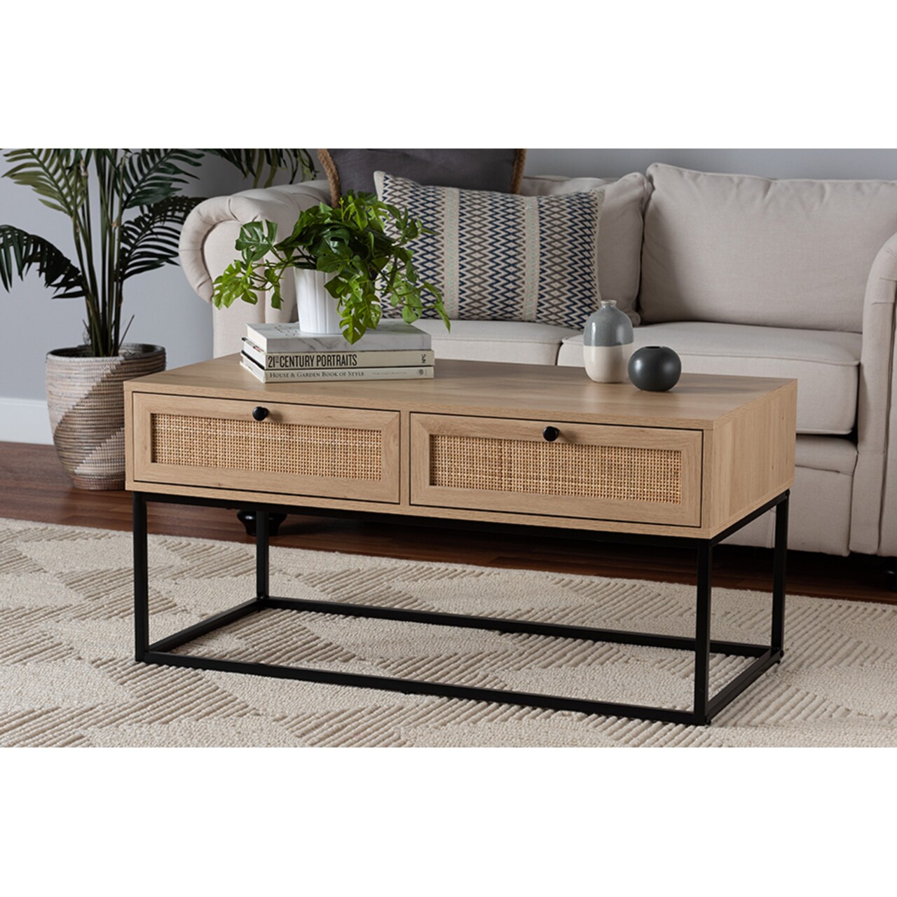 Wholesale Interiors Baxton Studio Amelia Mid-Century Modern Transitional Natural Brown Finished Wood and Natural Rattan 2-Drawer Coffee Table